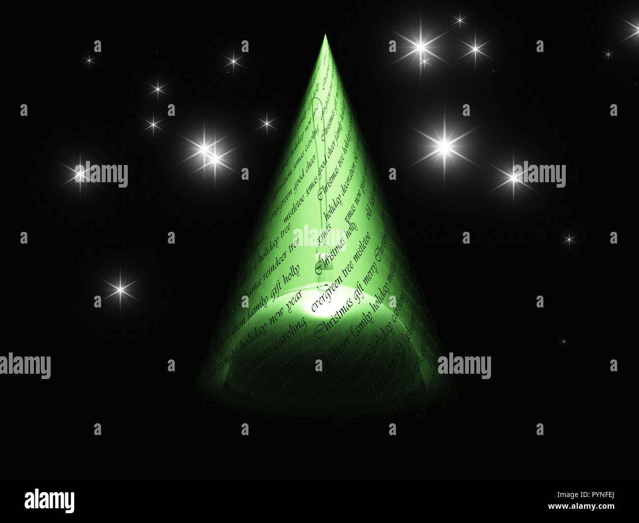 Text with light in shape of tree reveals Christmas ornament Stock Photo