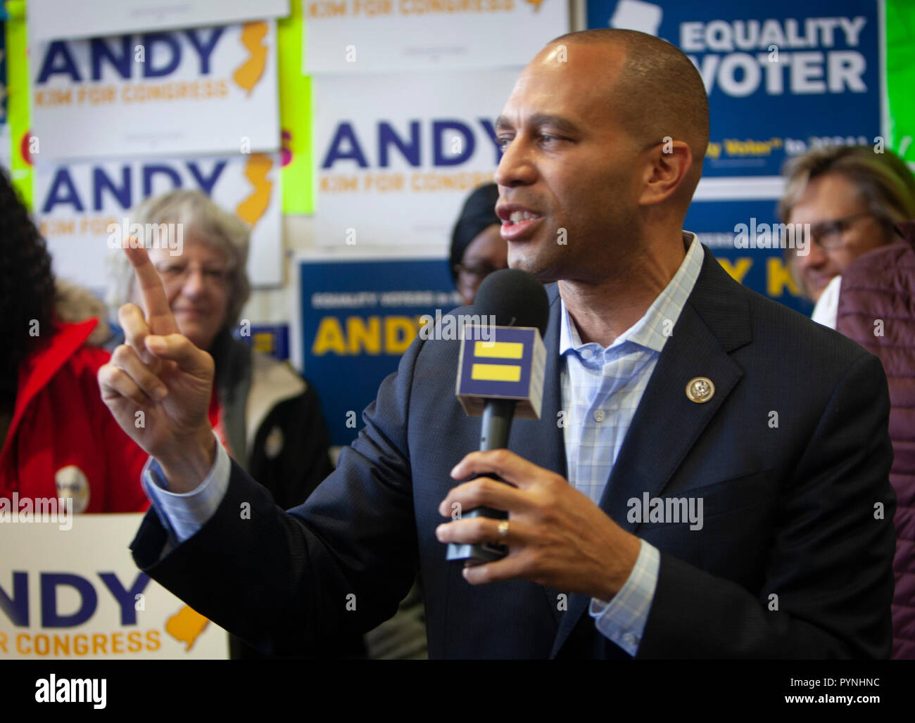 Oct 27, 2018. Rep. Hakeem Jeffries, Eighth Congressional District of New York endorses Andy Kim at a Rally at Kim’s headquarters in Willingboro, N.J.  Andy Kim, a former national security official during the Obama administration and Republican Rep. Tom MacArthur are locked in a “statistical tie” in the 3rd Congessional District in South Jersey. A new Stockton University poll shows MacArthur, a prime mover in the effort to repeal the Affordable Care Act under President Trump, in a fight for his political life against Kim. Photo by Gary Ell Stock Photo
