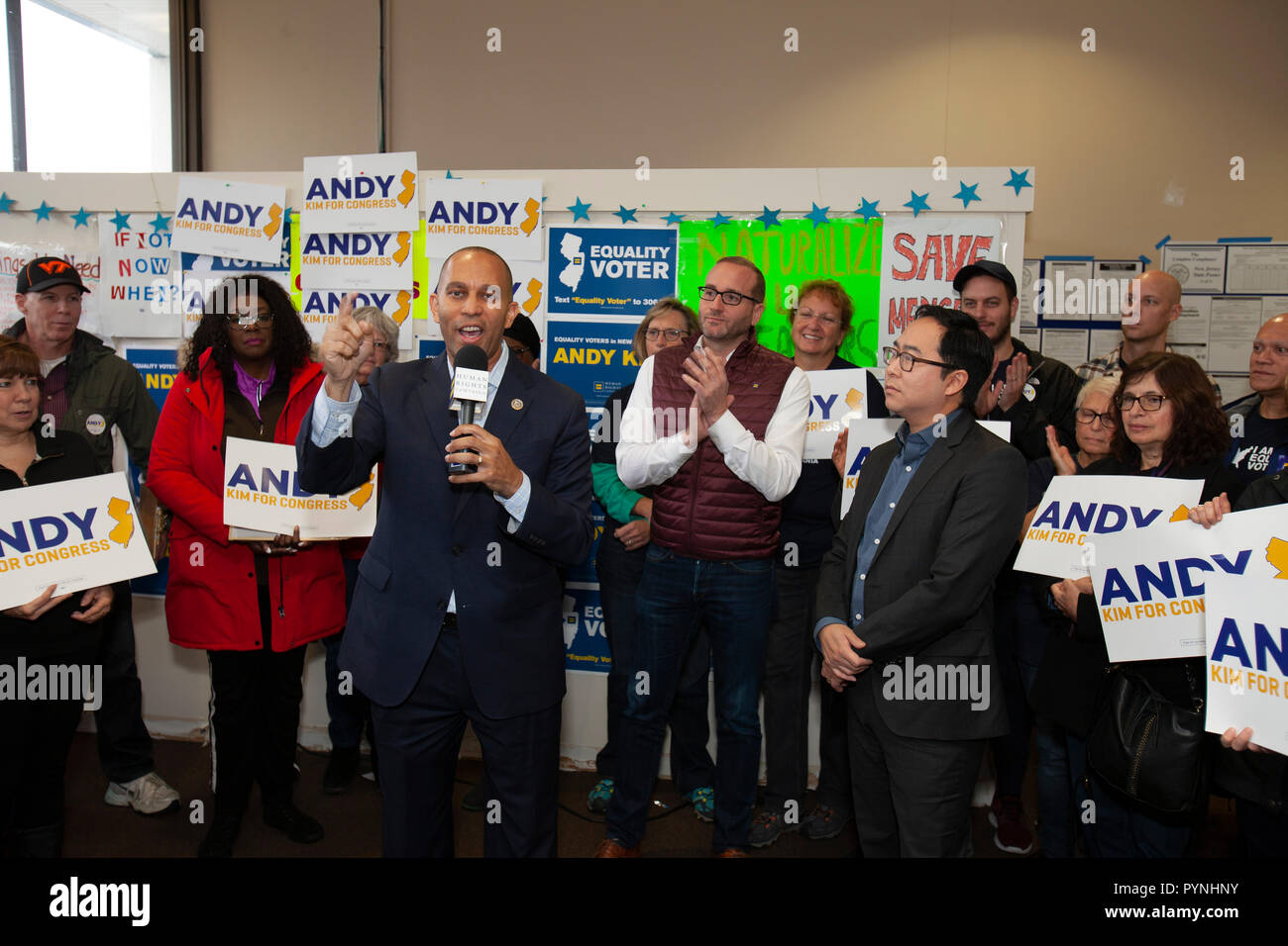 Oct 27, 2018. Chad Griffin, President of the Human Rights Campaign and Rep. Hakeem Jeffries, Eighth Congressional District of New York endorse Andy Kim at a Rally at Kim’s headquarters in Willingboro, N.J.  Andy Kim, a former national security official during the Obama administration and Republican Rep. Tom MacArthur are locked in a “statistical tie” in the 3rd Congessional District in South Jersey. A new Stockton University poll shows MacArthur, a prime mover in the effort to repeal the Affordable Care Act under President Trump, in a fight for his political life against Kim. Photo by Gary Ell Stock Photo