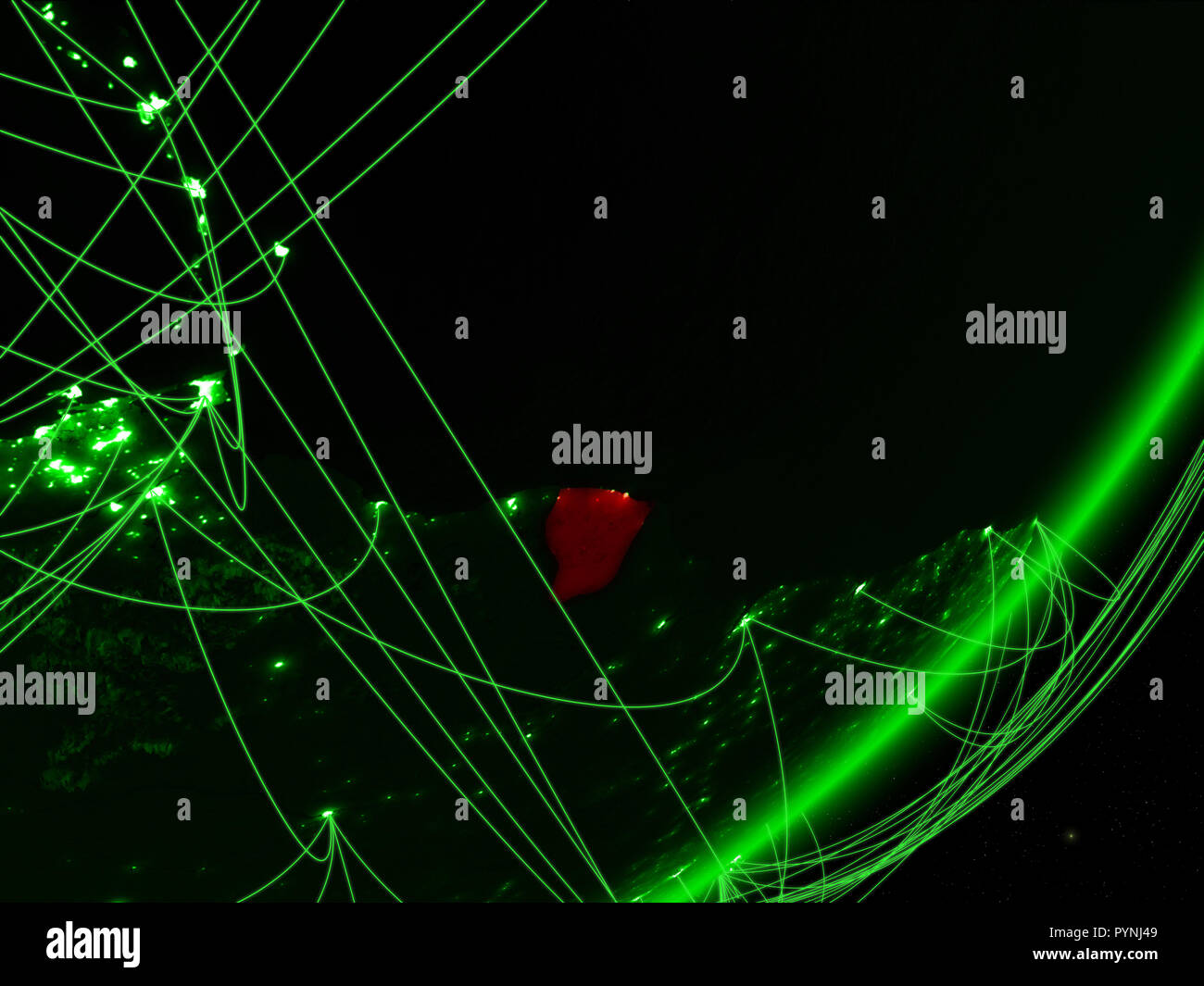French Guiana on green model of planet Earth with network at night ...