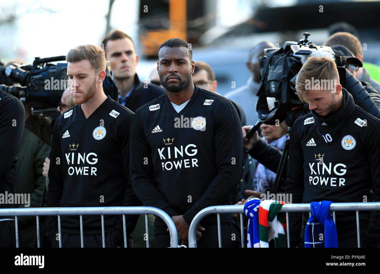Leicester City S Wes Morgan Centre Pays Respect To Club Chairman Vichai Srivaddhanaprabha Who Was Among Those To Have Tragically Lost Their Lives On Saturday Evening When A Helicopter Carrying Him And Four