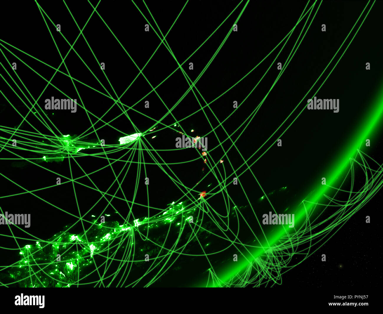 Caribbean on green model of planet Earth with network at night. Concept ...