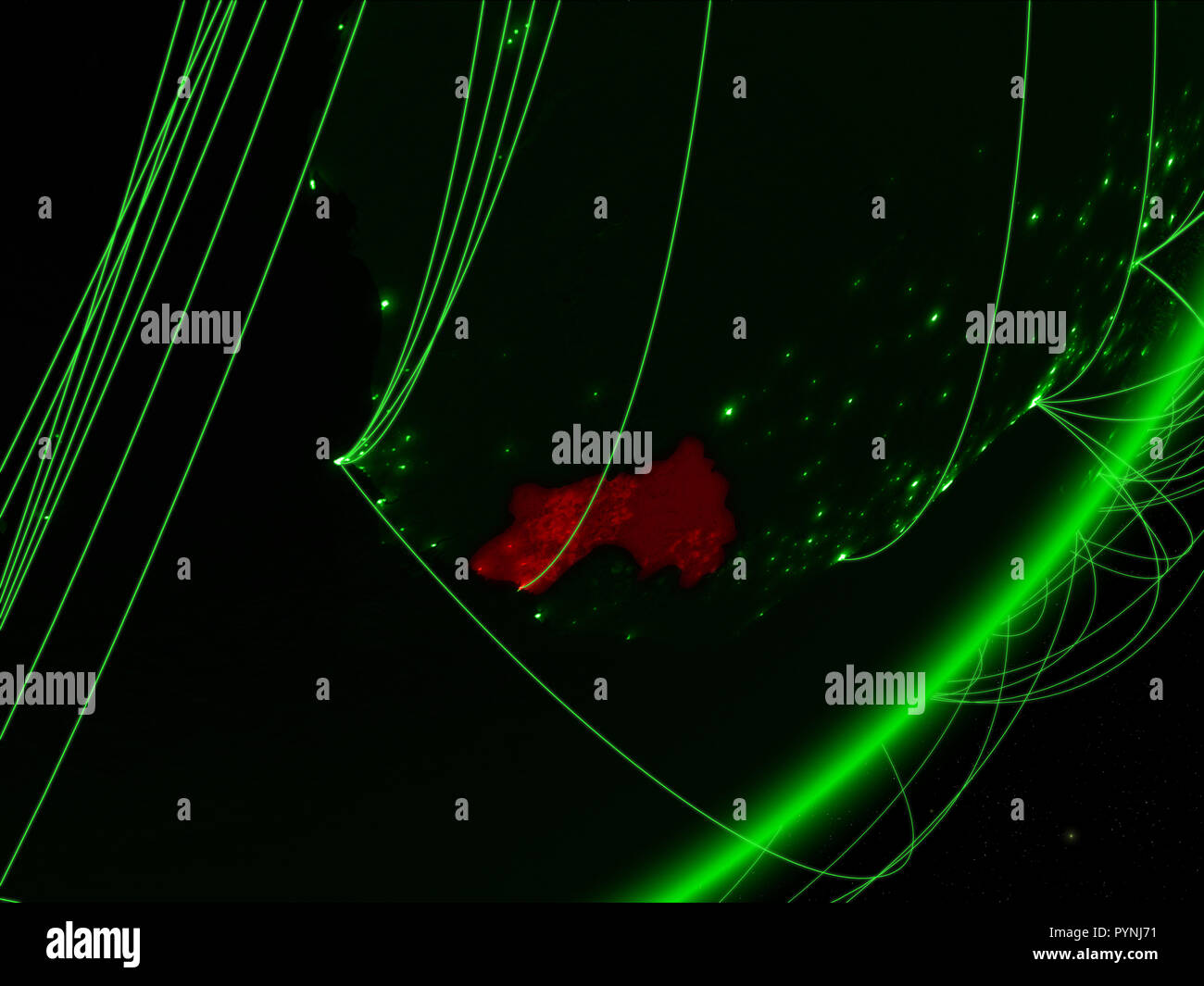 Guinea on green model of planet Earth with network at night. Concept of ...