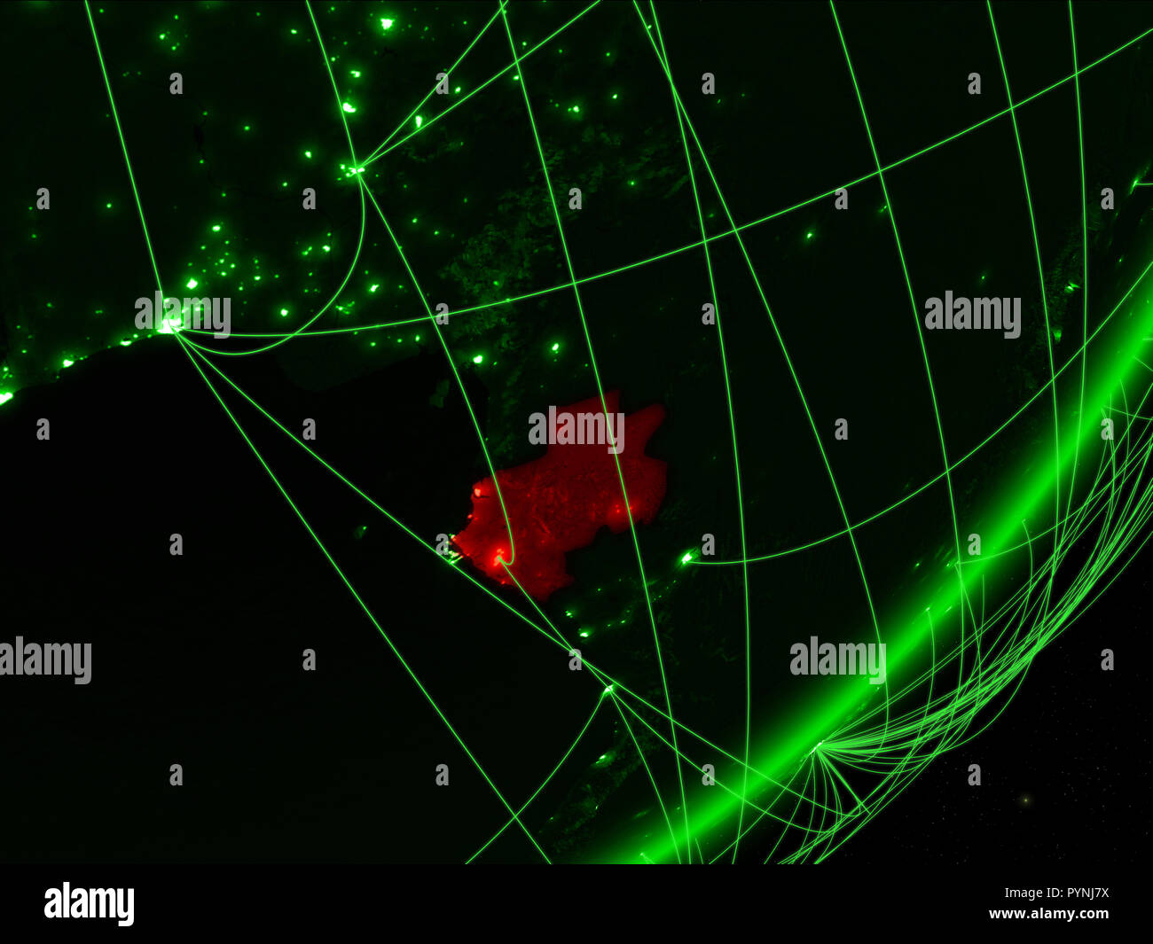 Gabon on green model of planet Earth with network at night. Concept of ...