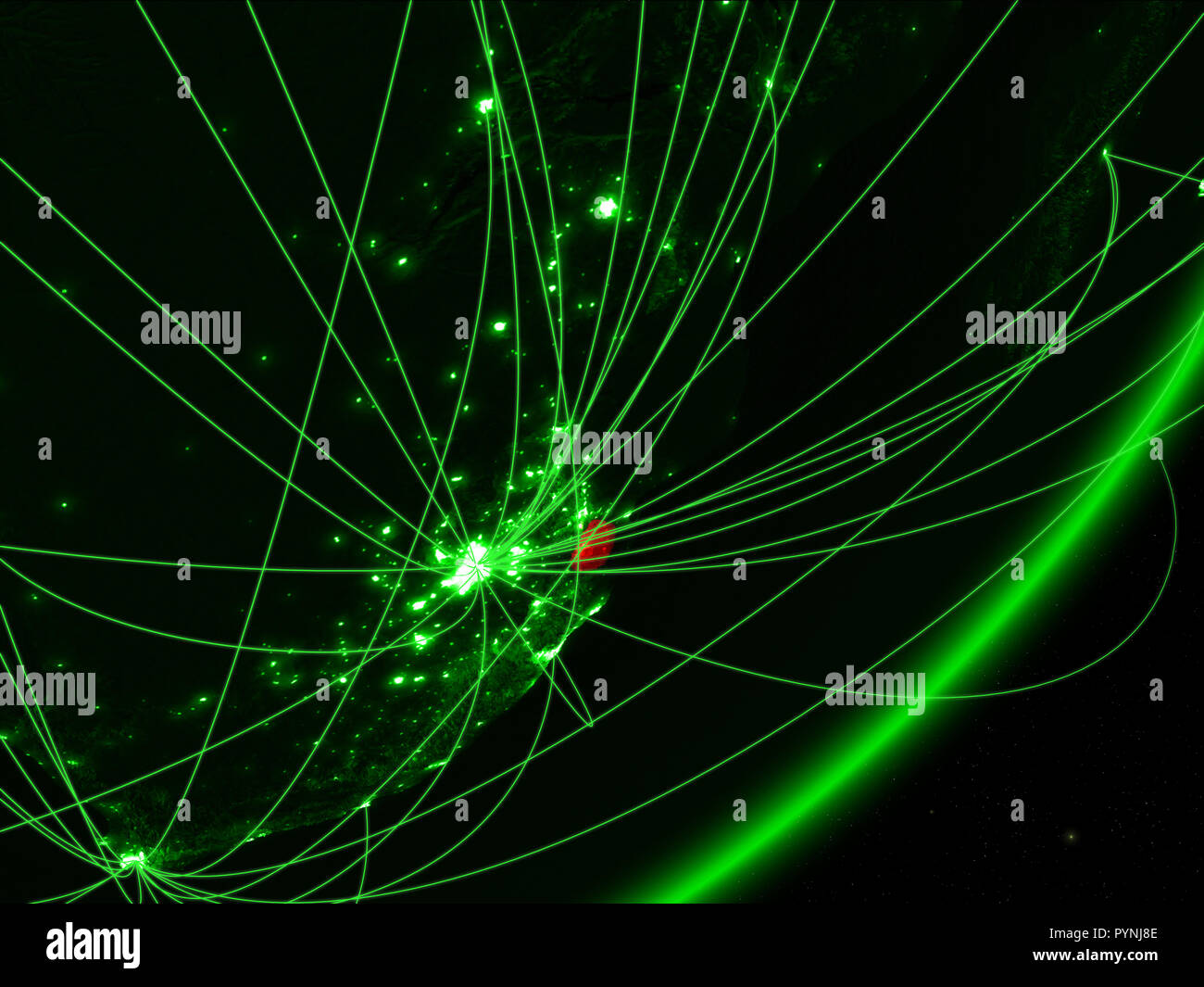 eSwatini on green model of planet Earth with network at night. Concept ...