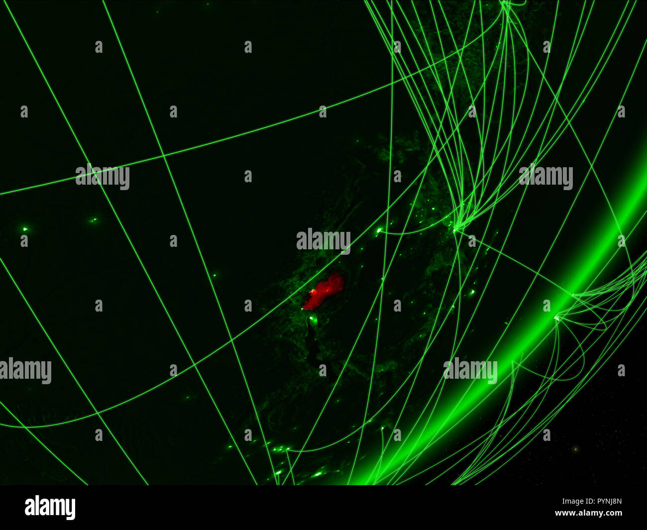 Rwanda on green model of planet Earth with network at night. Concept of ...
