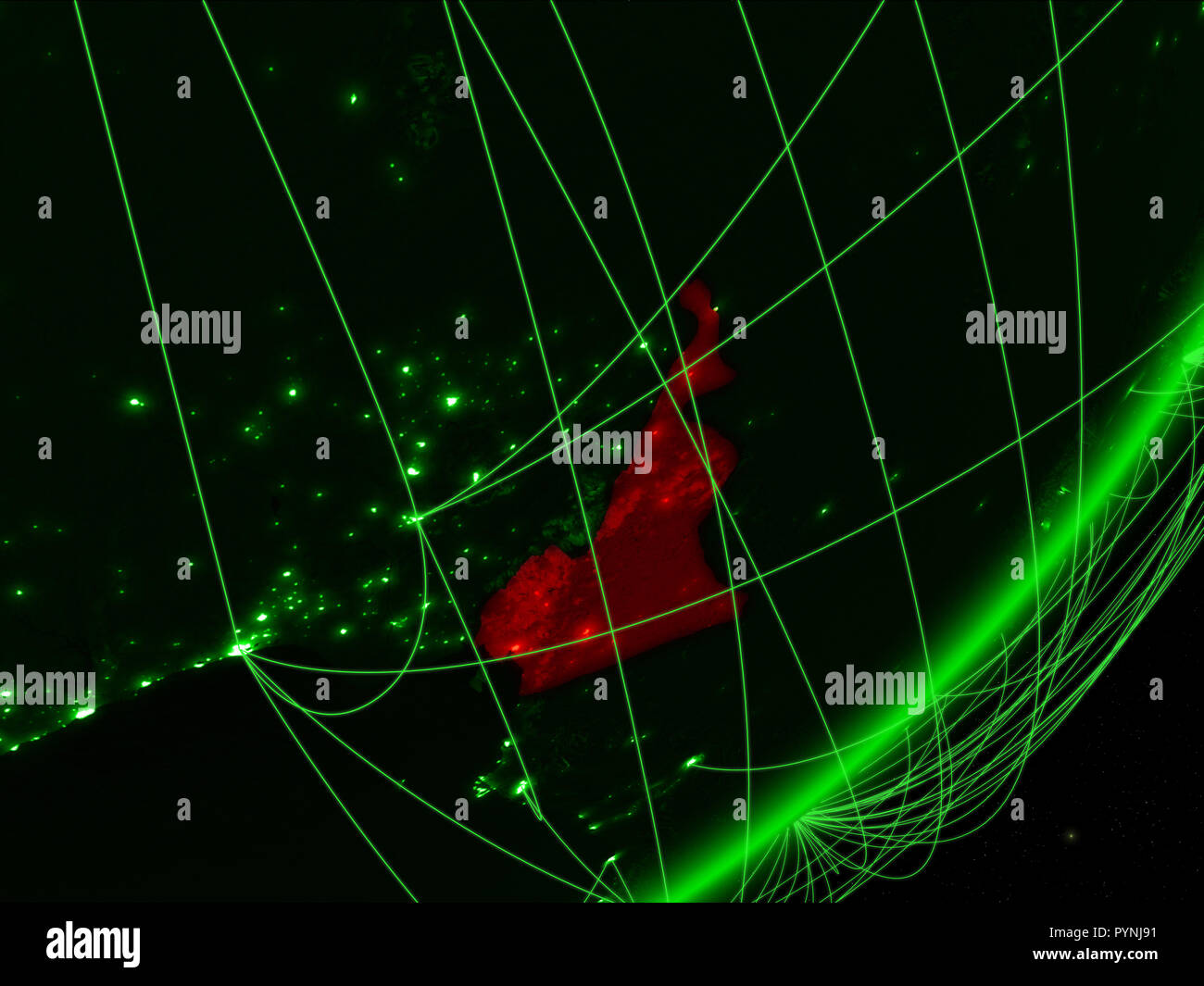 Cameroon on green model of planet Earth with network at night. Concept ...