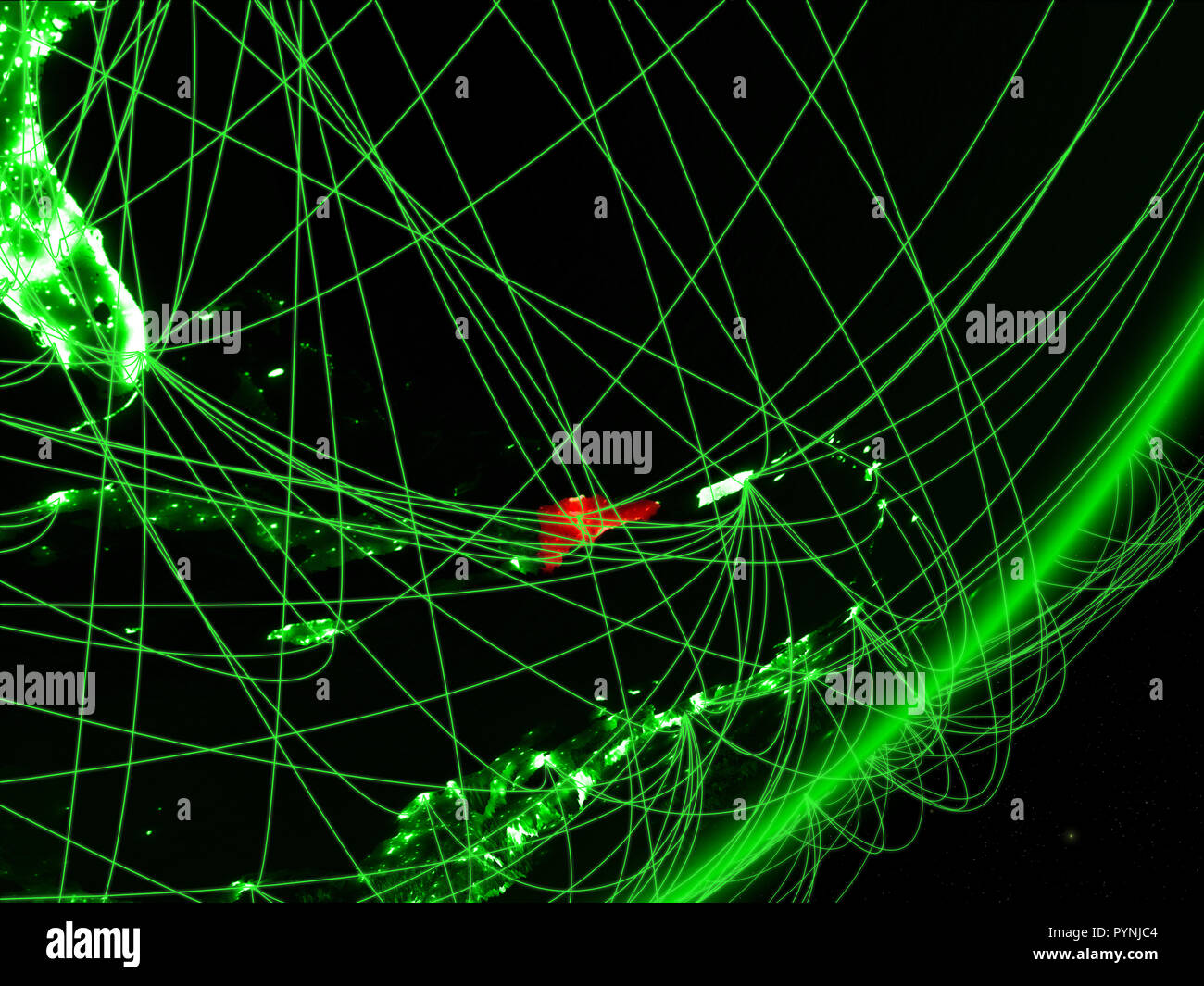 Dominican Republic on green model of planet Earth with network at night ...