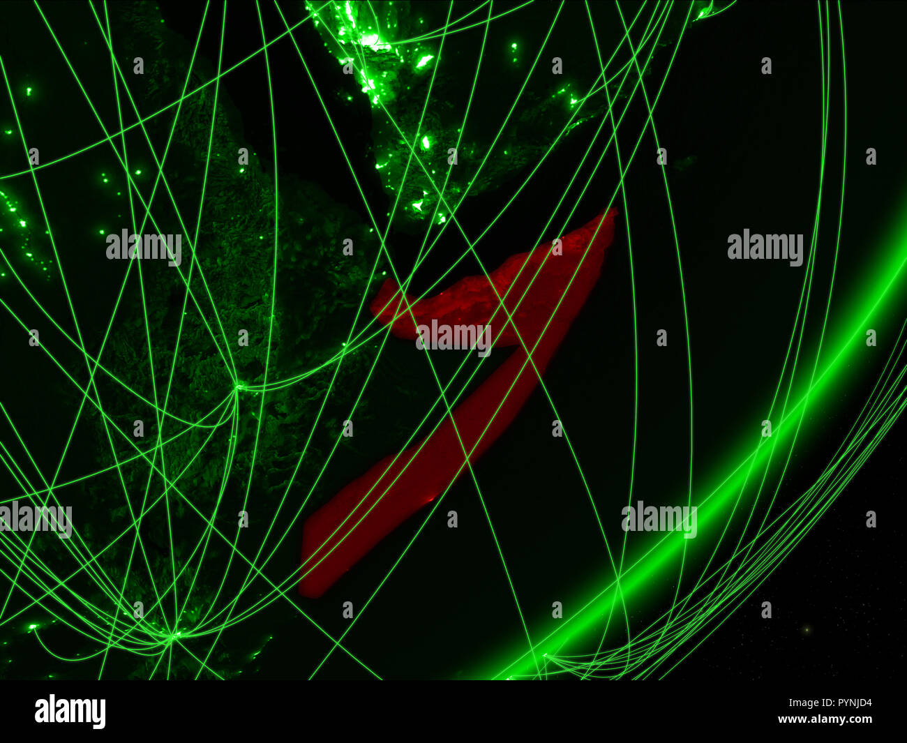 Somalia on green model of planet Earth with network at night. Concept ...
