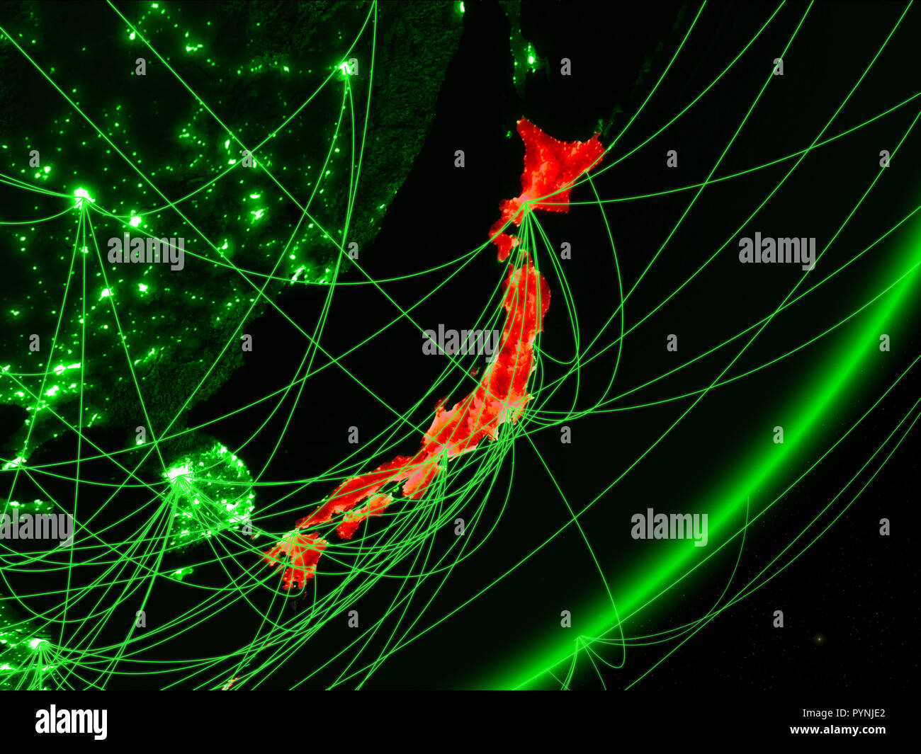 Japan on green model of planet Earth with network at night. Concept of ...