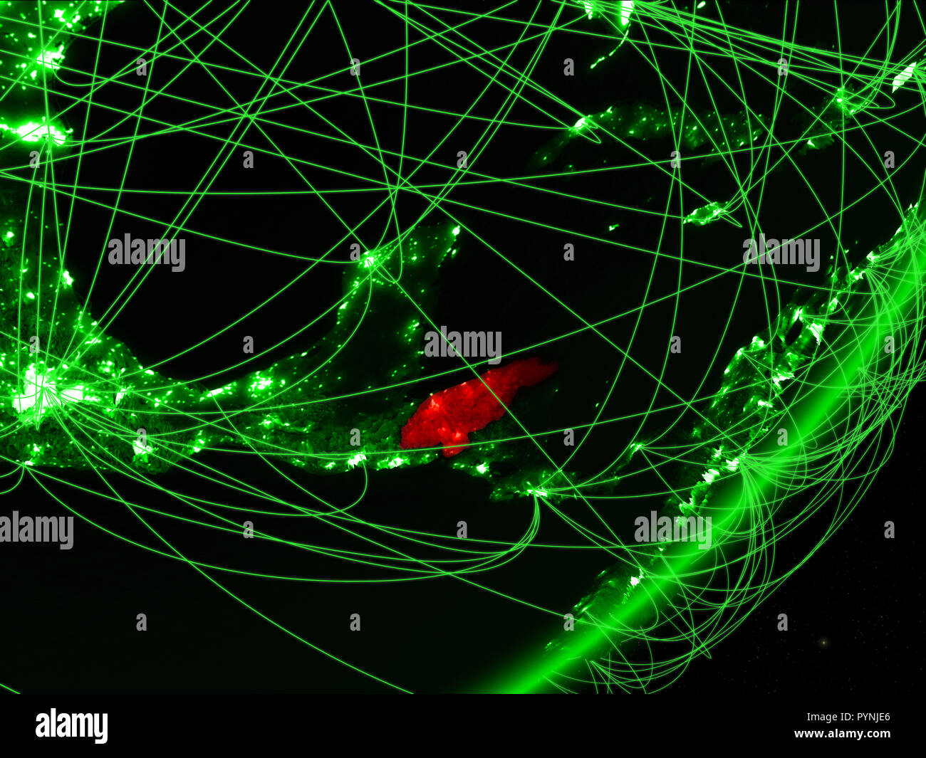 Honduras on green model of planet Earth with network at night. Concept ...