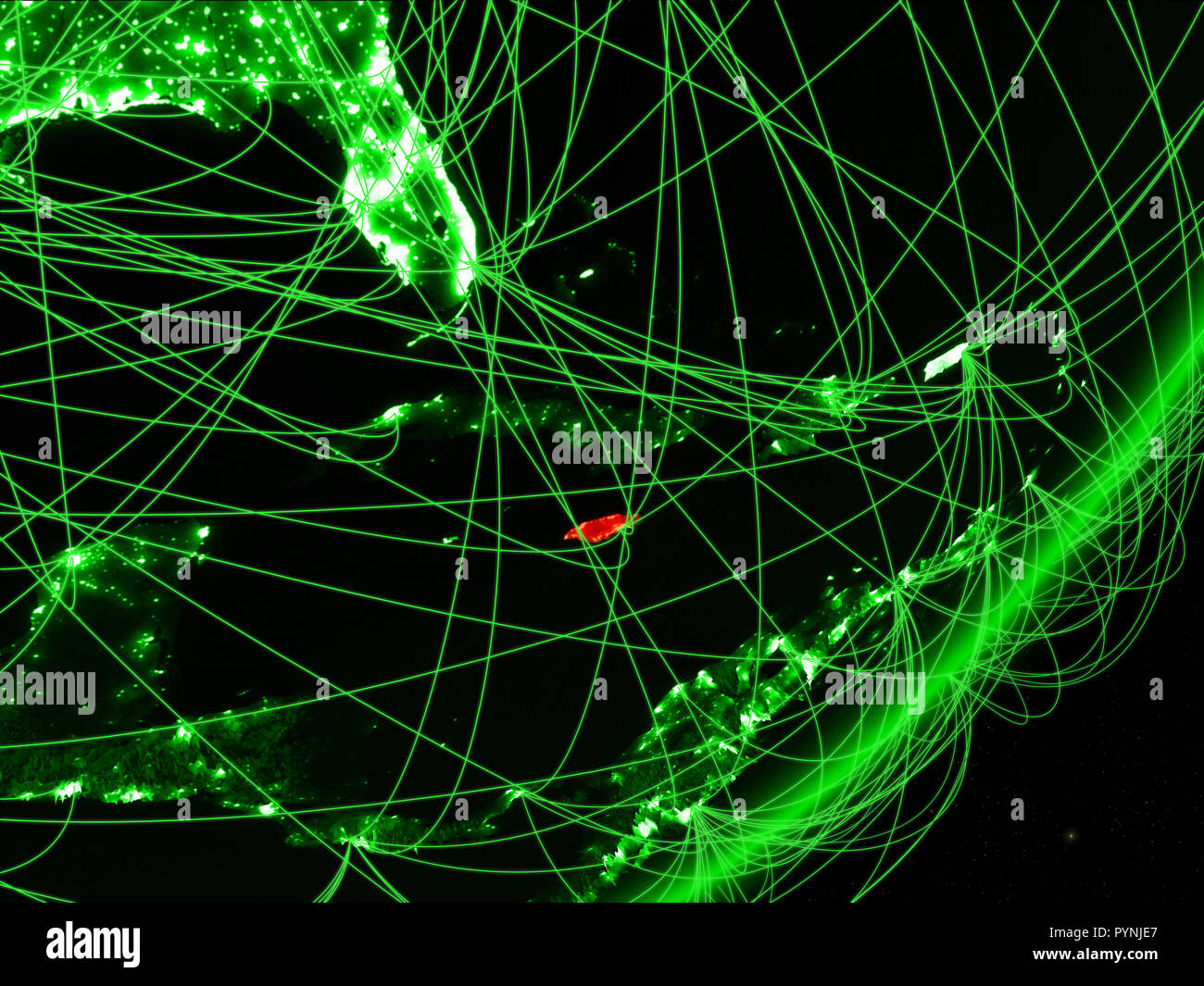 Jamaica on green model of planet Earth with network at night. Concept ...