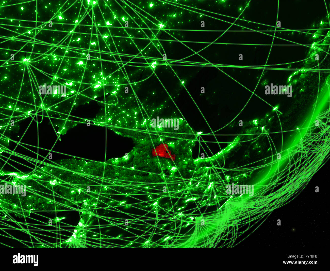 Armenia on green model of planet Earth with network at night. Concept ...