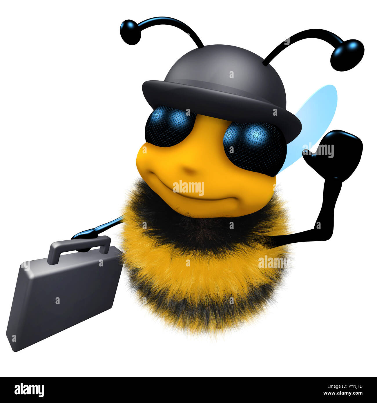 3d render of a funny cartoon honey bee wearing a bowler hat and carrying a briefcase Stock Photo