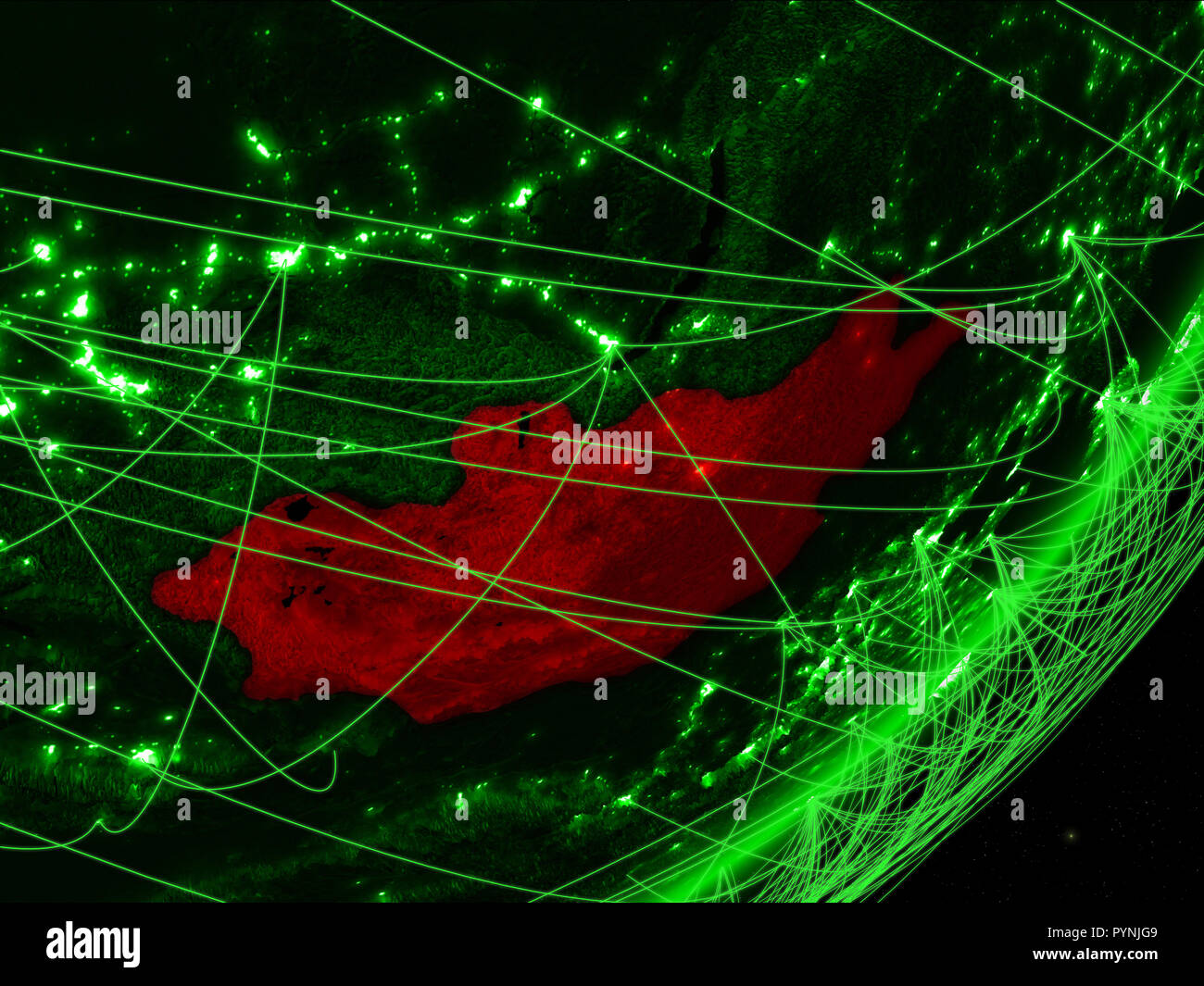 Mongolia on green model of planet Earth with network at night. Concept ...
