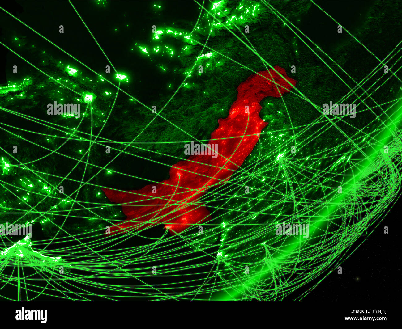 Pakistan on green model of planet Earth with network at night. Concept ...