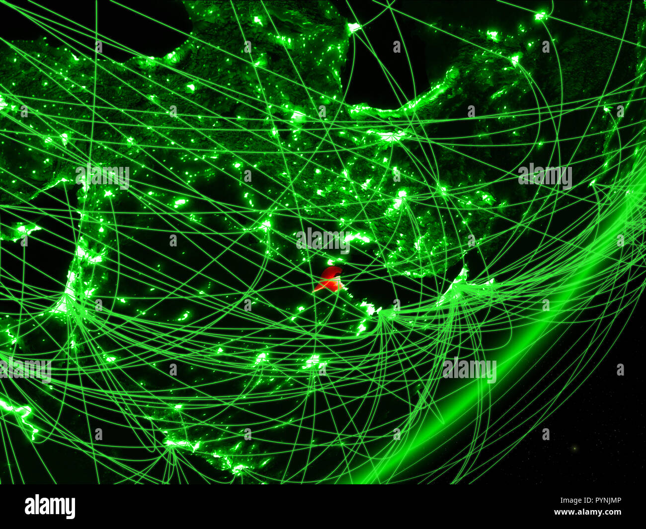 Kuwait on green model of planet Earth with network at night. Concept of ...