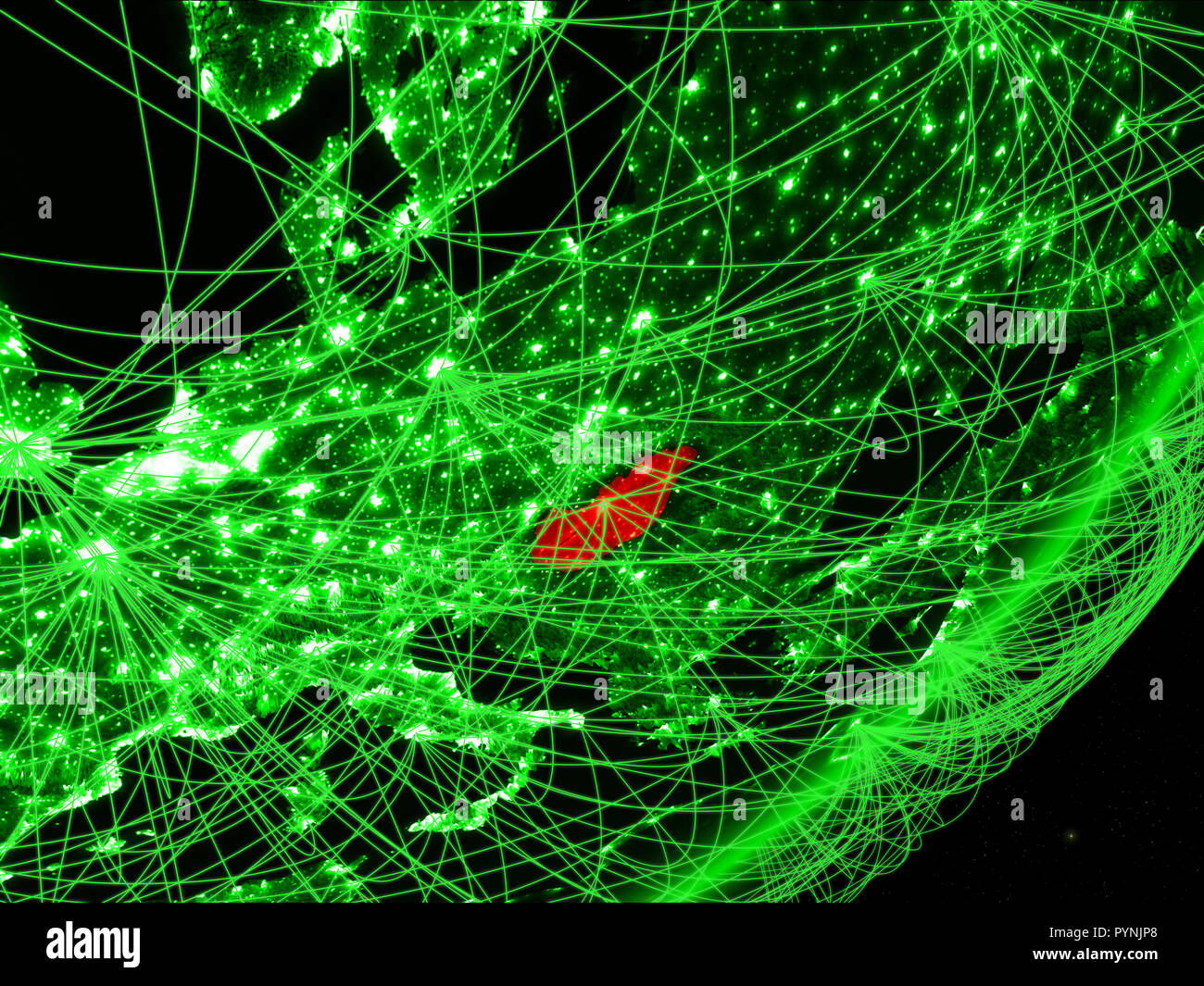 Hungary on green model of planet Earth with network at night. Concept ...