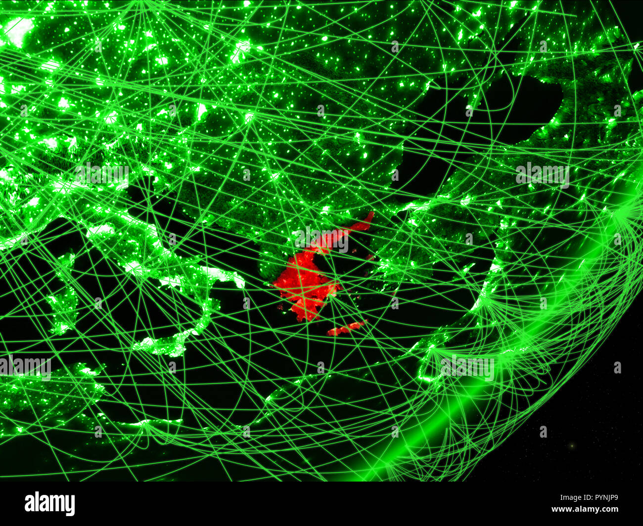 Greece on green model of planet Earth with network at night. Concept of ...