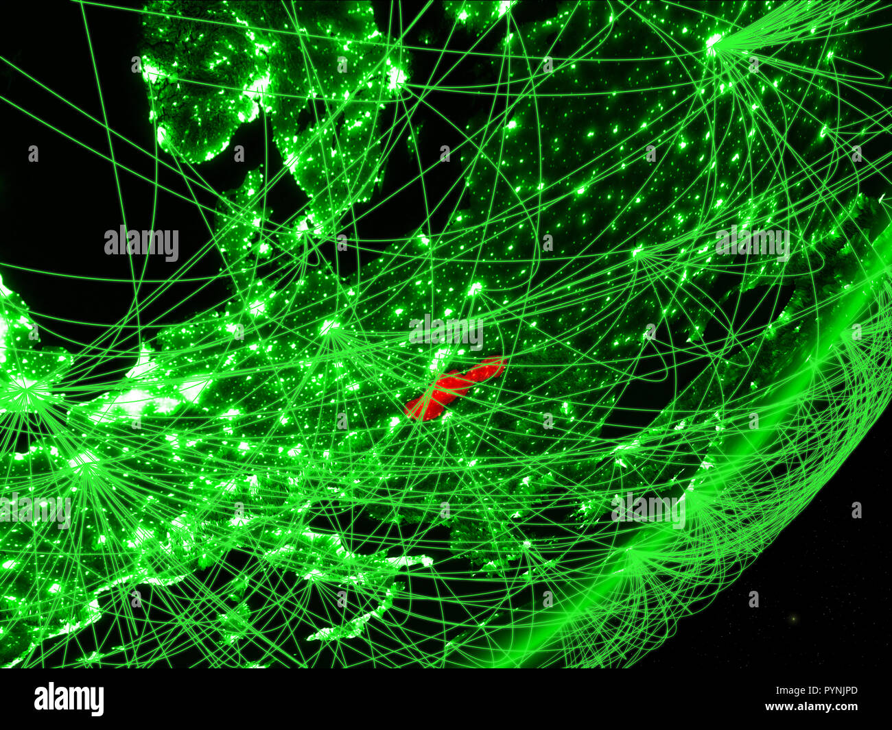 Slovakia on green model of planet Earth with network at night. Concept ...