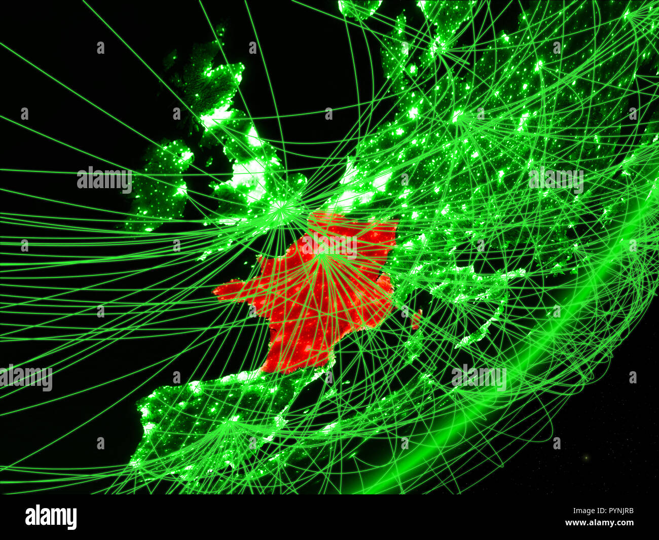 France on green model of planet Earth with network at night. Concept of ...