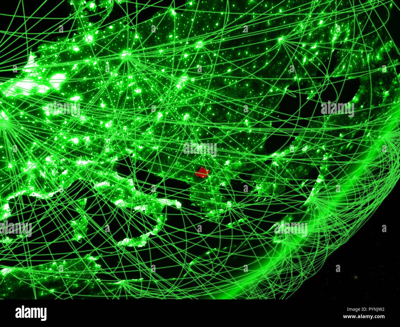 Kosovo on green model of planet Earth with network at night. Concept of ...
