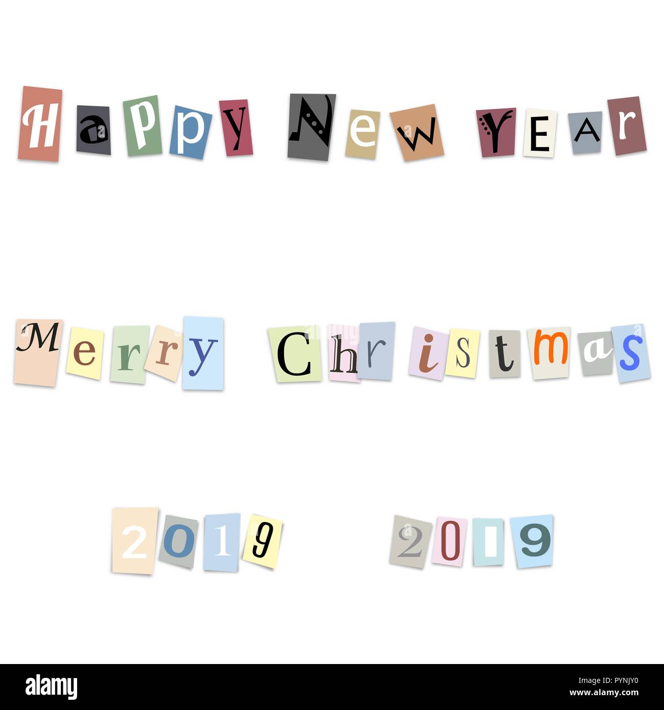 Text Happy New Year, Merry Christmas and numbers 2019 from cut letters ...