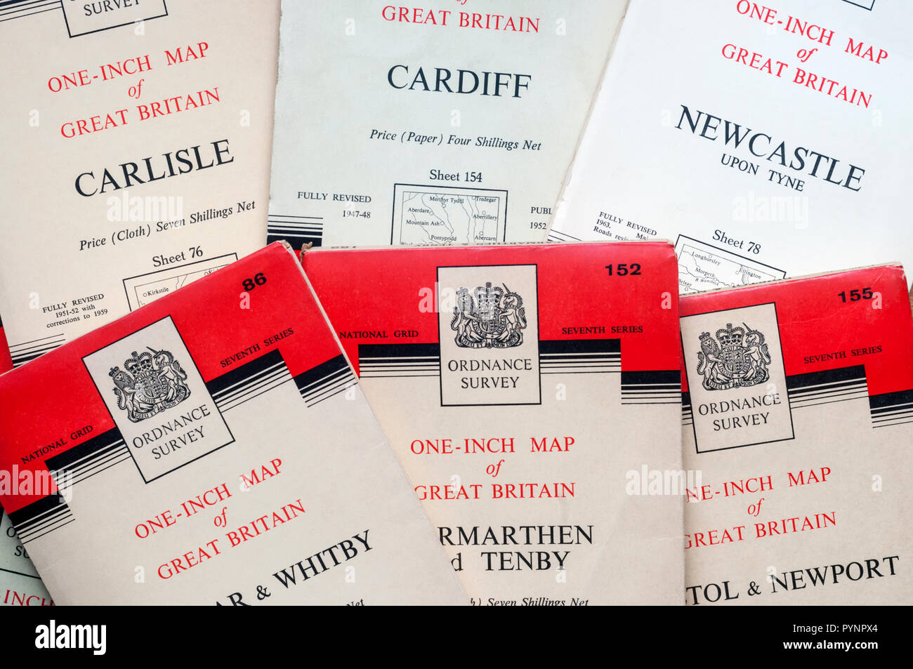 Ordnance Survey Seventh Series one-Inch Maps dating from the 1950s. Stock Photo