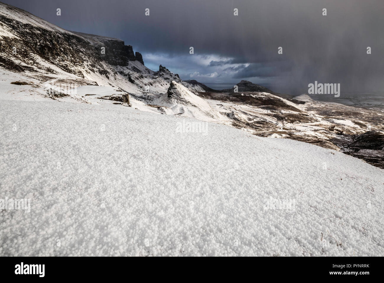 Sleet shower over The Quiraing, Isle of Skye, Scotland Stock Photo