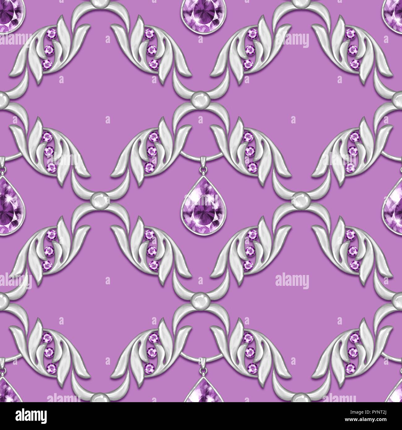 Seamless pattern with gems and silver scrolls Stock Photo