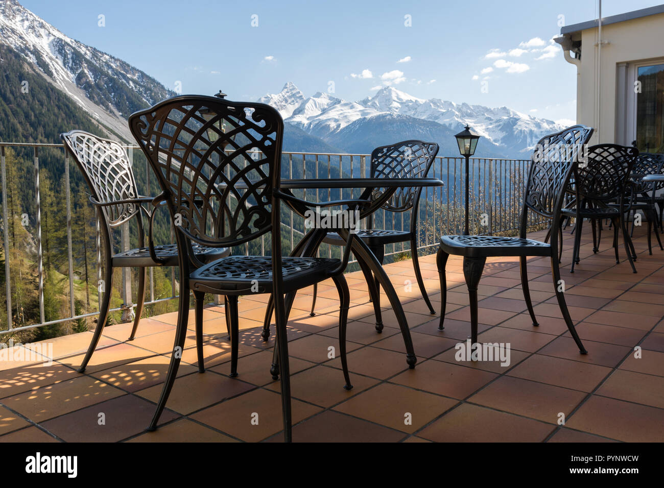Restaurant with nice mountain views. Ideal place to take morning coffee Stock Photo