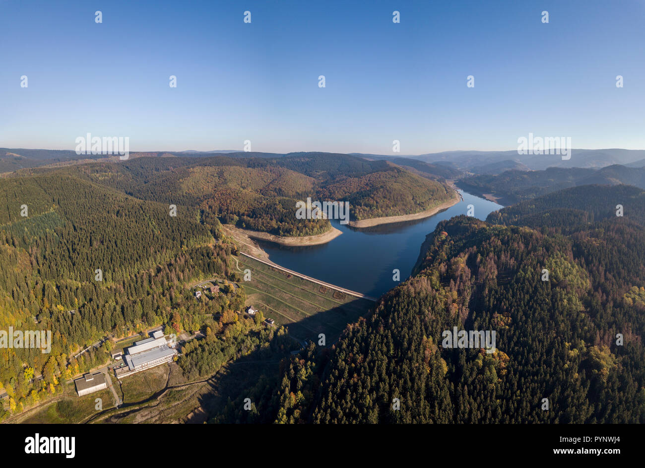 Aerial view Soese Dam and lake in Harz mountains Stock Photo