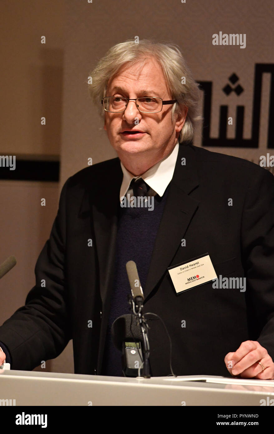 David Hearst Editor In Chief Of The Middle East Eye Speaks During A Memorial Event For The Murdered Journalist Jamal Khashoggi At The Mechanical Engineers Institute In London PYNWND 