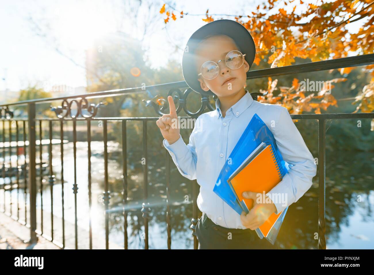 Little smart boy in glasses with books, shows index finger upwards idea, eureka. Background autumn sunny park, golden hour. Stock Photo