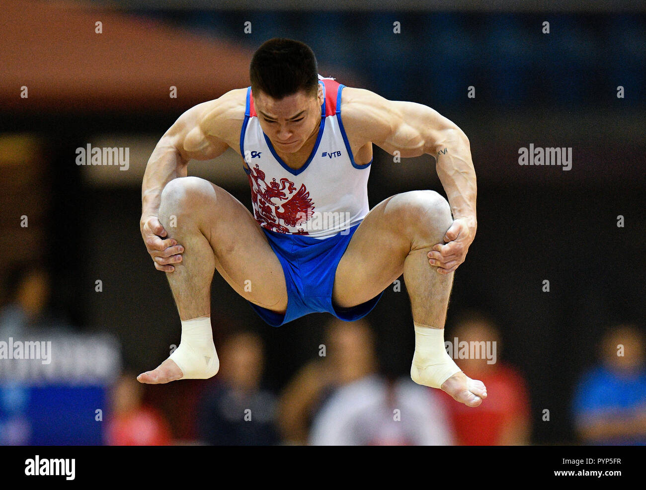 Doha, Qatar. 29th Oct, 2018. Nikita Nagornyy of Russia performs on the  Vault during the Men's Team Final at the 2018 FIG Artistic Gymnastics  Championships in Doha, capital of Qatar, Oct. 29,