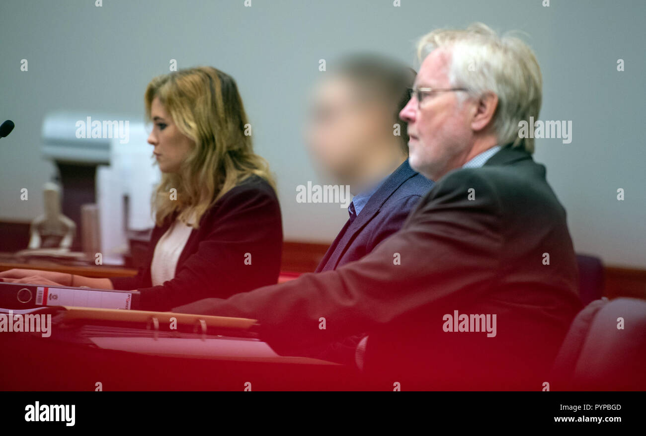 Lower Saxony, Lüneburg, Germany. 30th Oct, 2018.  The defendant, accused of full intoxication in a crime unit with violations of the Narcotics Act, sits alongside his lawyers Louisa Krämer and Hans Holtermann (r) before the start of the trial in the Regional Court. The man is said to have stabbed his 18-year-old girlfriend to death in March 2018 in an LSD frenzy. Photo: Philipp Schulze/dpa - ACHTUNG: Person wurde aus rechtlichen Gründen gepixelt Credit: dpa picture alliance/Alamy Live News Stock Photo