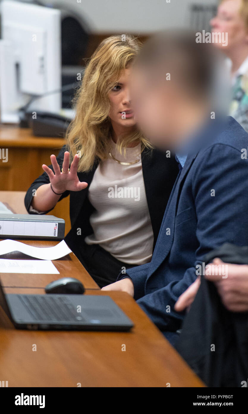 Lower Saxony, Lüneburg, Germany. 30th Oct, 2018.  The defendant, accused of full intoxication in a crime unit with violations of the Narcotics Act, sits next to his lawyer Louisa Krämer before the start of the trial in the district court. The man is said to have stabbed his 18-year-old girlfriend to death in March 2018 in an LSD frenzy. Photo: Philipp Schulze/dpa - ACHTUNG: Person wurde aus rechtlichen Gründen gepixelt Credit: dpa picture alliance/Alamy Live News Stock Photo