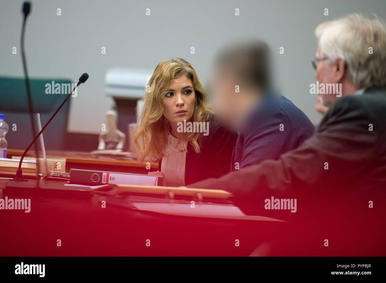 Lower Saxony, Lüneburg, Germany. 30th Oct, 2018.  The defendant, accused of full intoxication in a crime unit with violations of the Narcotics Act, sits alongside his lawyers Louisa Krämer and Hans Holtermann (r) before the start of the trial in the Regional Court. The man is said to have stabbed his 18-year-old girlfriend to death in March 2018 in an LSD frenzy. Photo: Philipp Schulze/dpa - ACHTUNG: Person wurde aus rechtlichen Gründen gepixelt Credit: dpa picture alliance/Alamy Live News Stock Photo