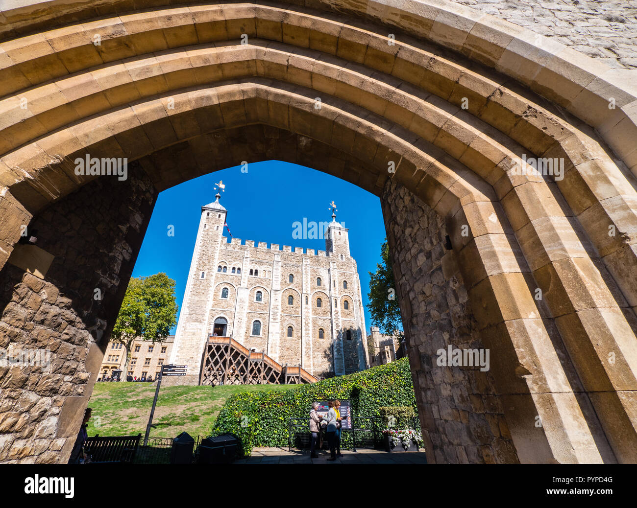Gateway to Innermost Ward, With White Tower View, Tower of London, London, England, UK, GB. Stock Photo