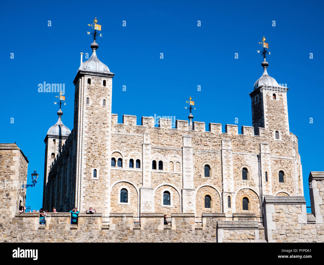 View of White Tower, Across Battlements, Tower of London, England, UK, GB. Stock Photo