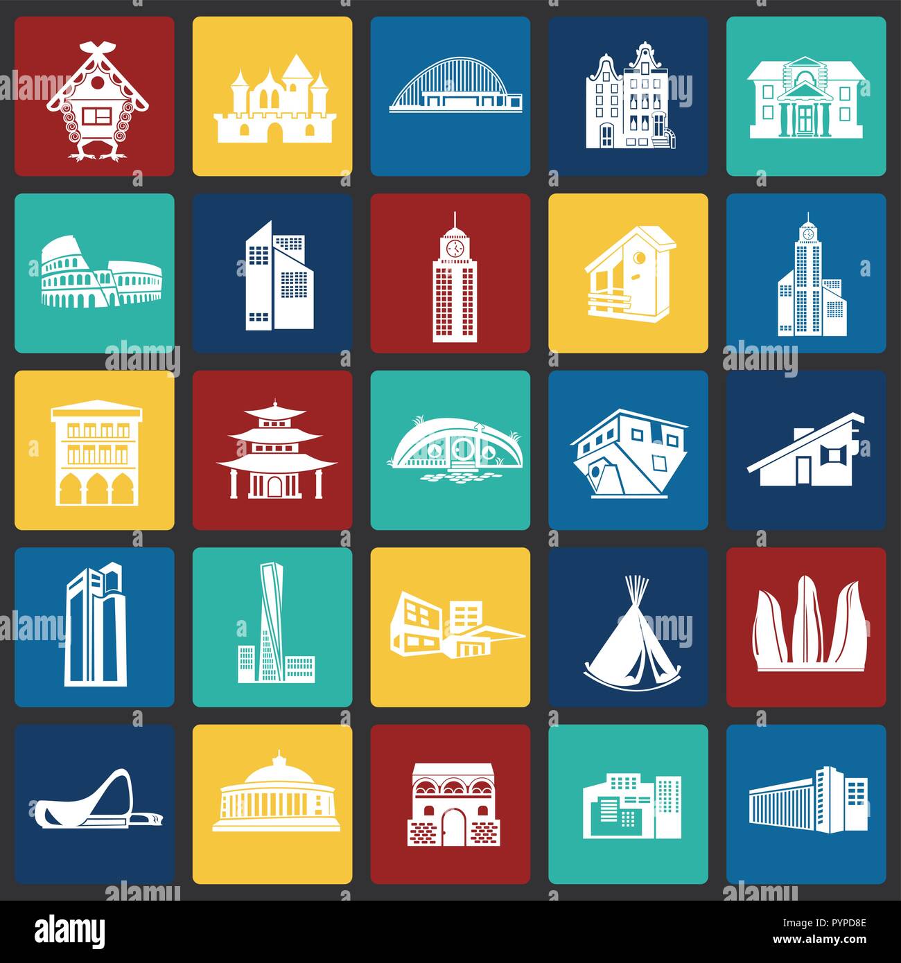 Modern and old buildings set on color squares background icons Stock ...