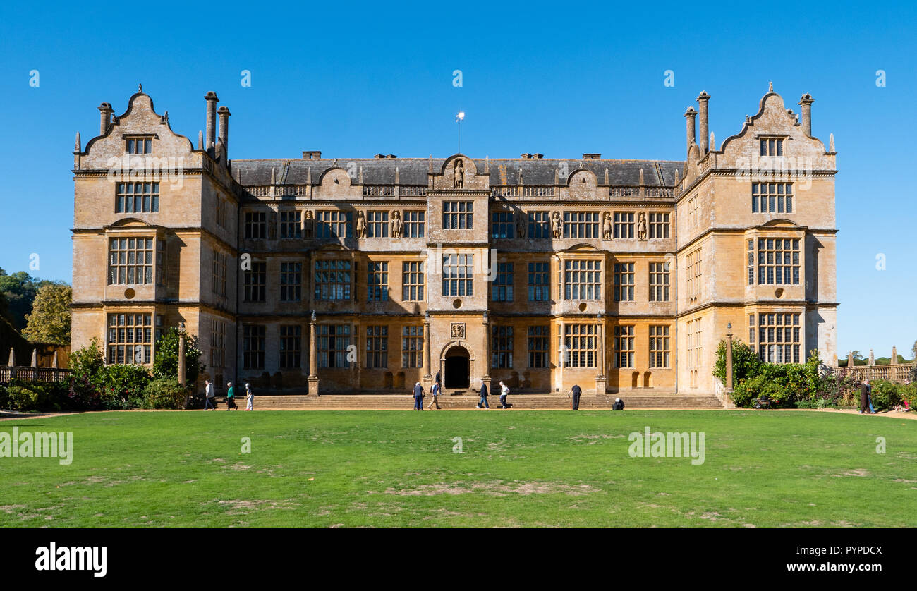 East facing aspect of Montacute House in Somerset UK with its formal lawns and walled garden Stock Photo