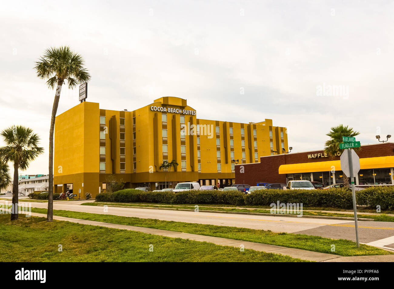 Cocoa beach, Florida, USA April 29, 2018 The central road with shops
