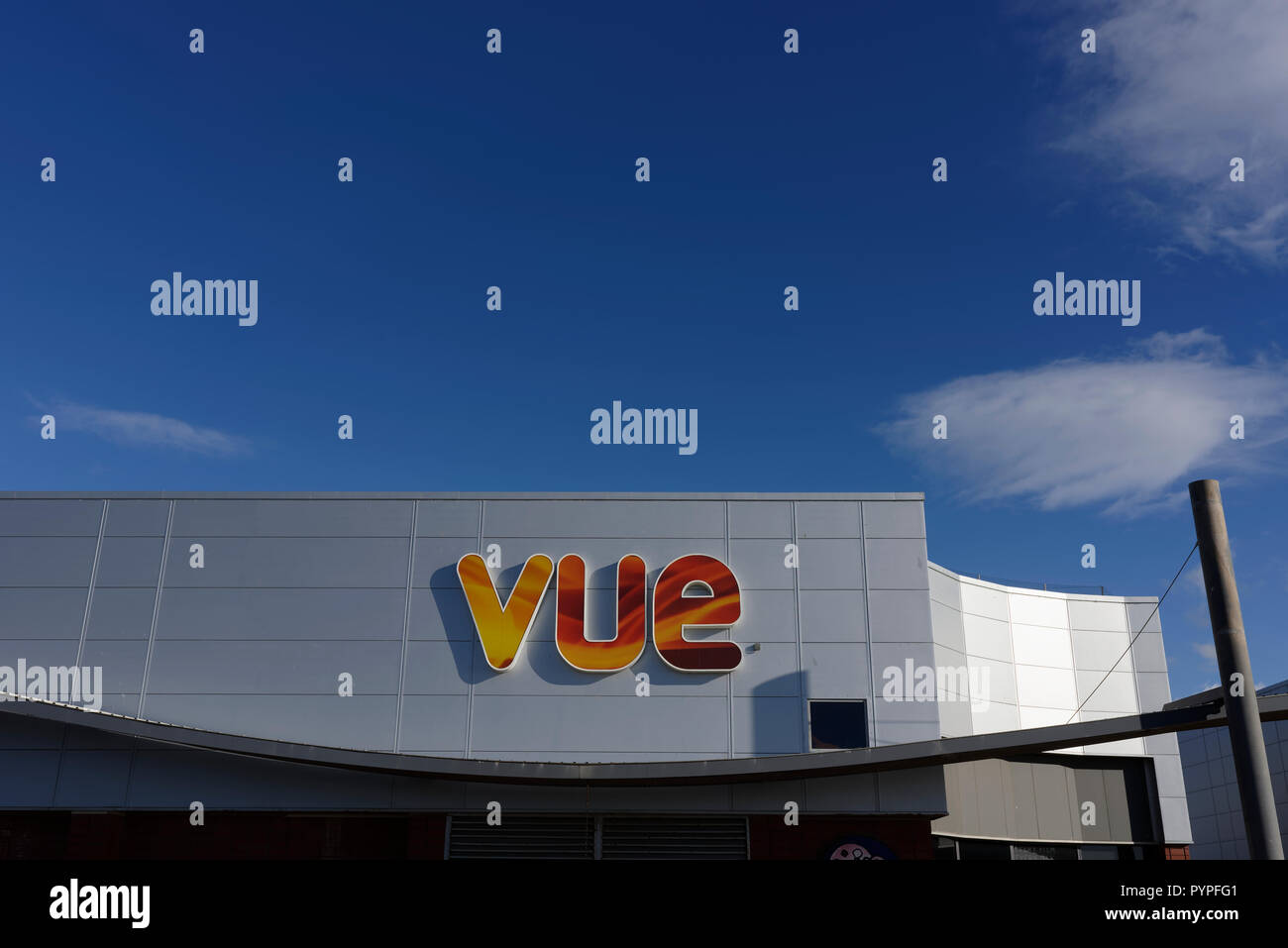 Vue cinema exterior signage on aluminium rainscreen cladding in