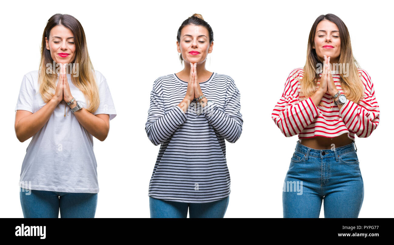Collage of young beautiful woman over isolated background praying with