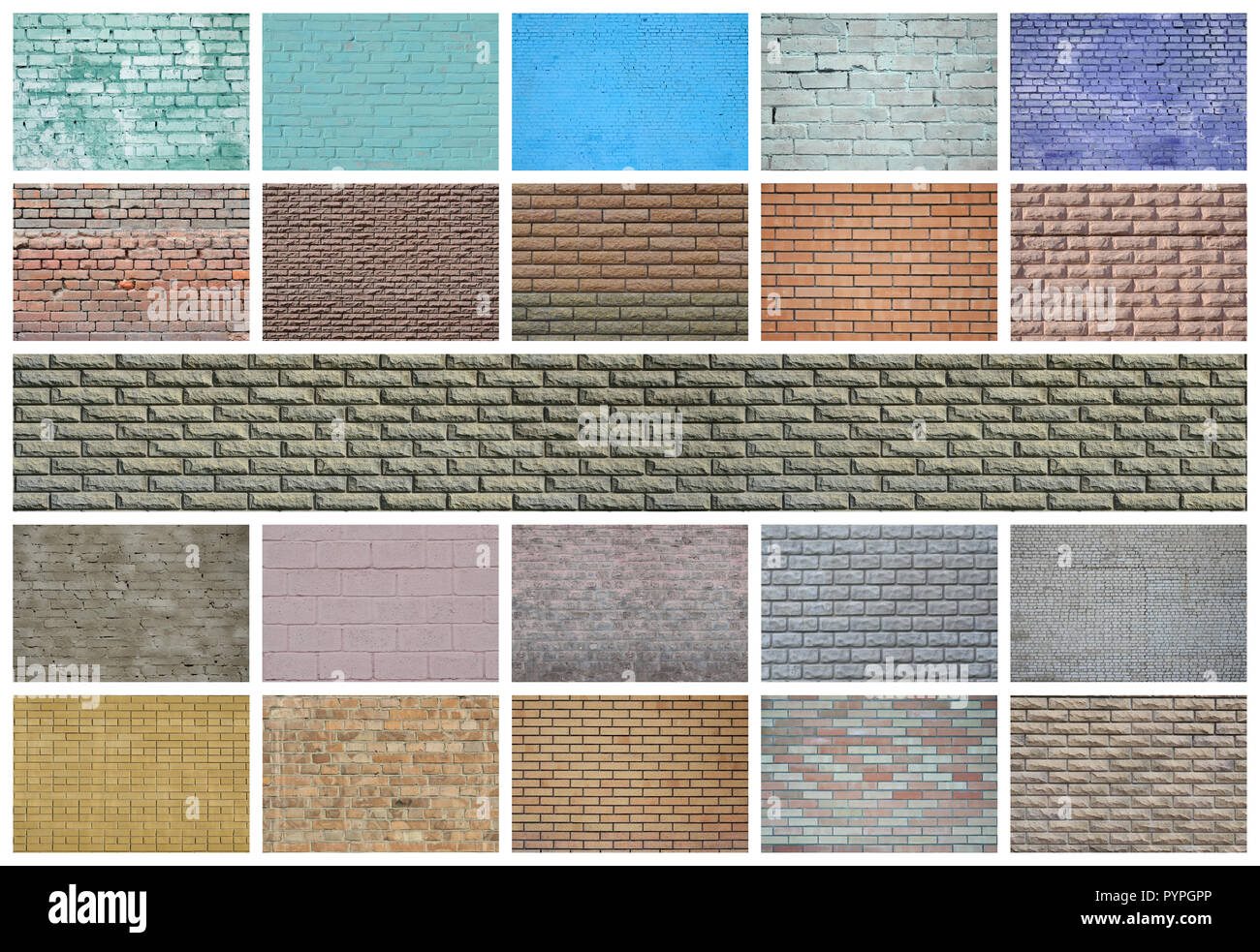 A collage of many pictures with fragments of brick walls of different ...