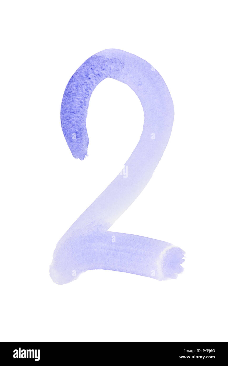 Two - Hand painted blue watercolor numbers Stock Photo