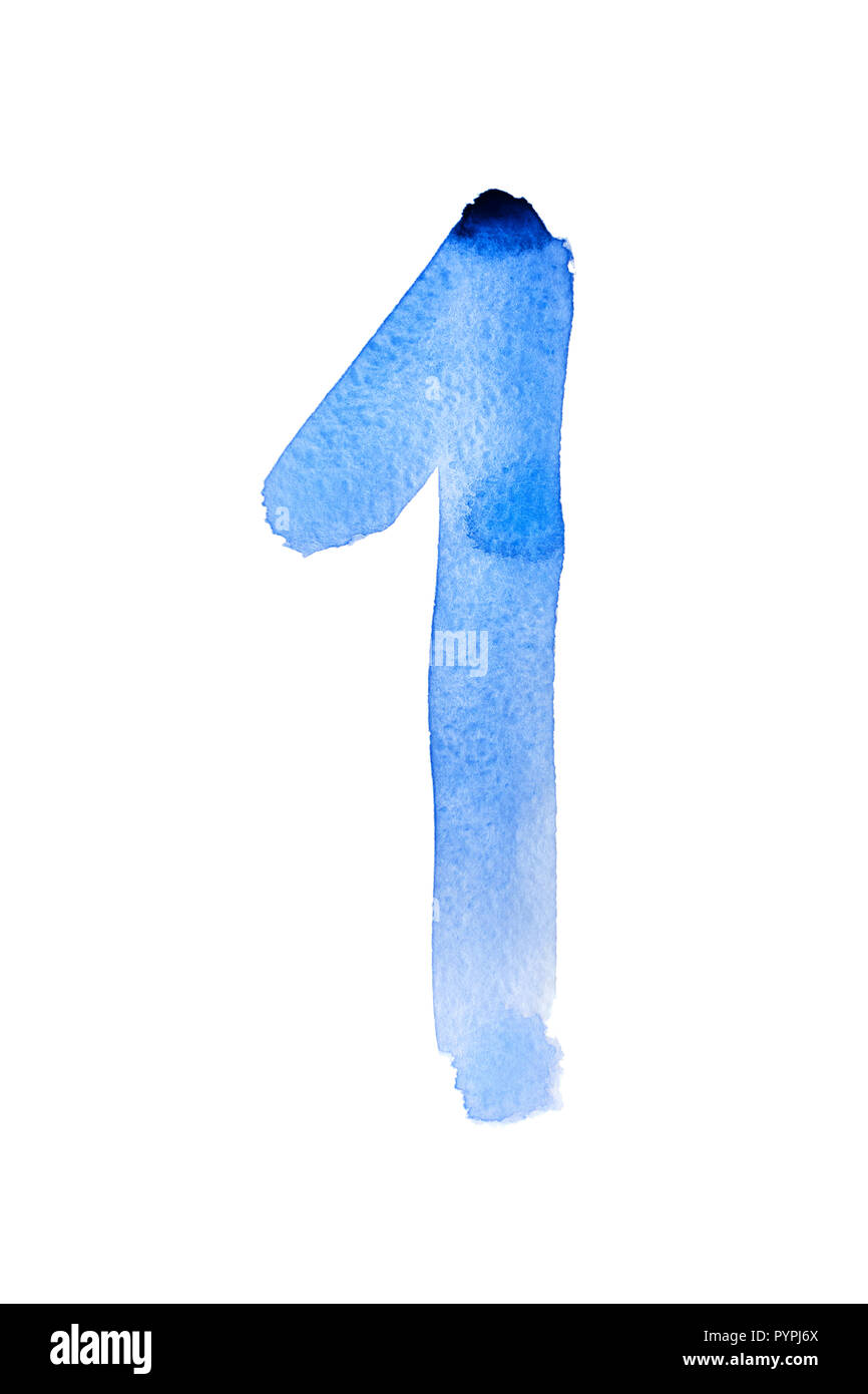 One - Hand painted blue watercolor numbers Stock Photo