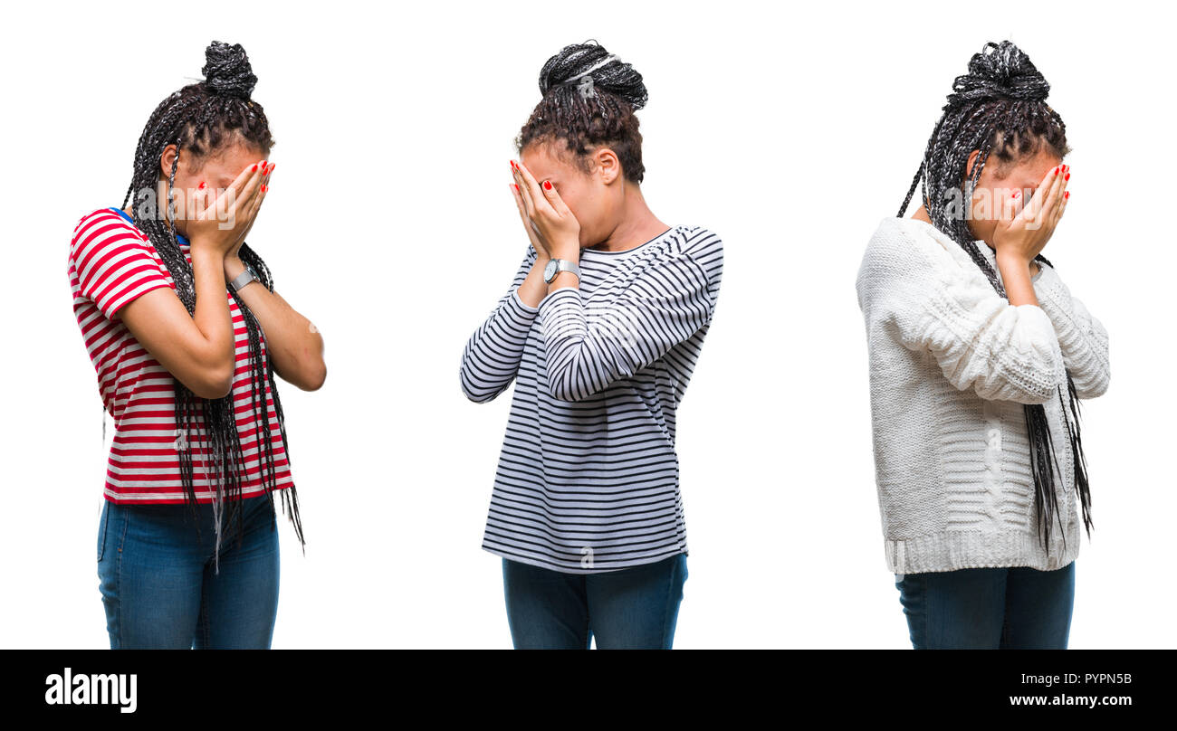 Collage of beautiful braided hair african american woman over isolated background with sad expression covering face with hands while crying. Depressio Stock Photo