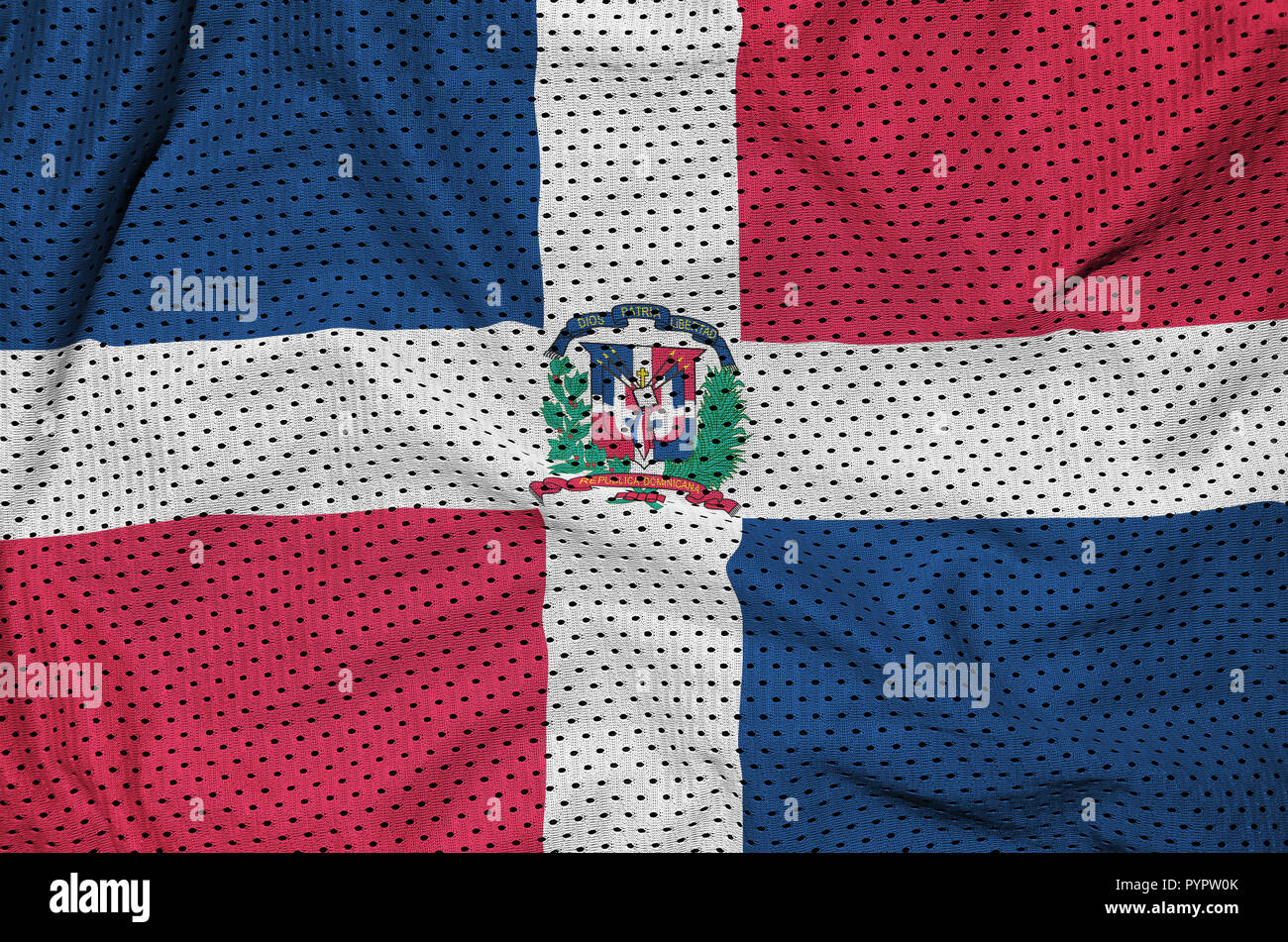 Dominican Republic flag printed on a polyester nylon sportswear mesh fabric with some folds Stock Photo